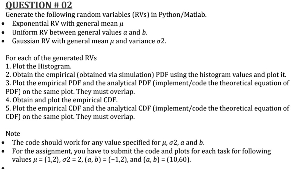 SOLVED: OUESTION# 02 Generate the following random variables (RVs) in ...