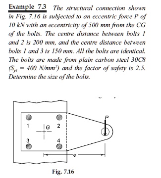 example 73 the structural connection shown in fig 716 is subjected to an eccentric force p of 10 kn with an eccentricity of 500 mm from the cg of the bolts the centre distance between bolts  26725