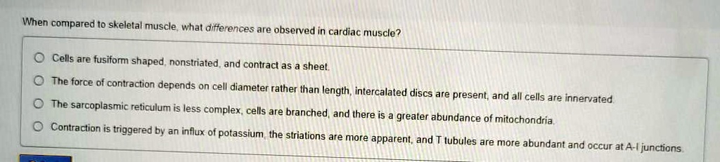 When compared to skeletal muscle, what differences are observed in cardiac muscle?

Cells are fusiform shaped, nonstriated, and contract as a sheet.
The force of contraction depends on cell diameter rather than length, intercalated discs are present, and all cells are innervated.
The sarcoplasmic reticulum is less complex, cells are branched, and there is a greater abundance of mitochondria.
Contraction is triggered by an influx of potassium, the striations are more apparent, and T tubules are more abundant and occur at A-I junctions.