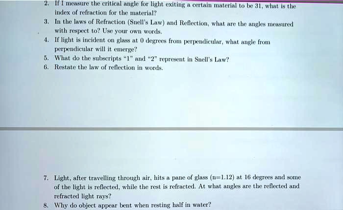 SOLVED: 2. If I measure the critical angle for light exiting a certain ...