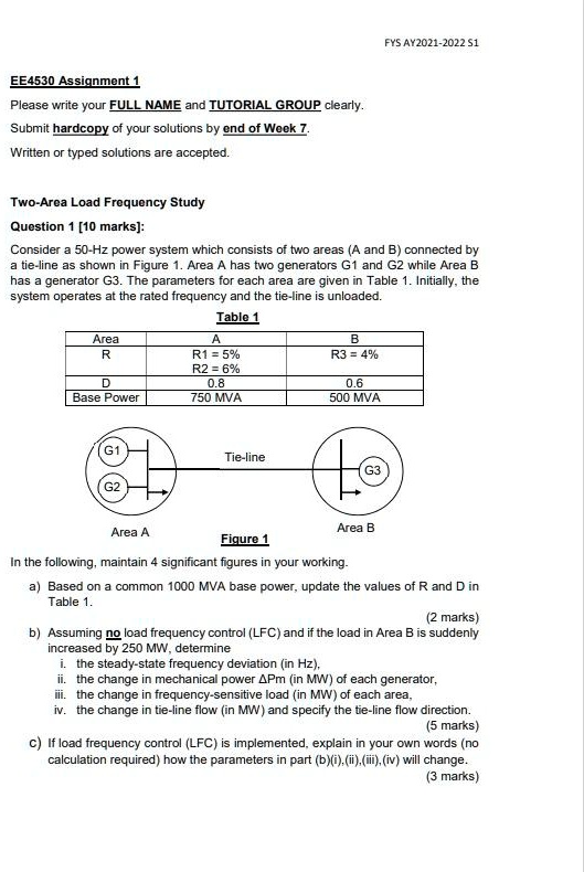 consider a 50 hz power system which consists of two areas a and b ...
