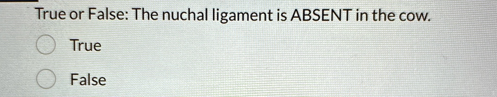 True or False: The nuchal ligament is ABSENT in the cow.
True
False