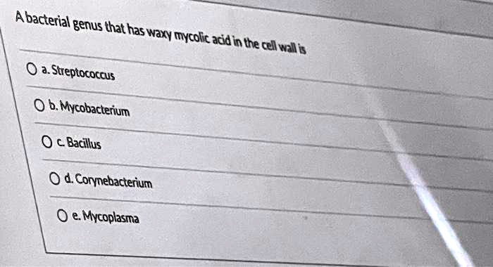 A bacterial genus that has waxy mycolic acid in the cell wall is Ob ...