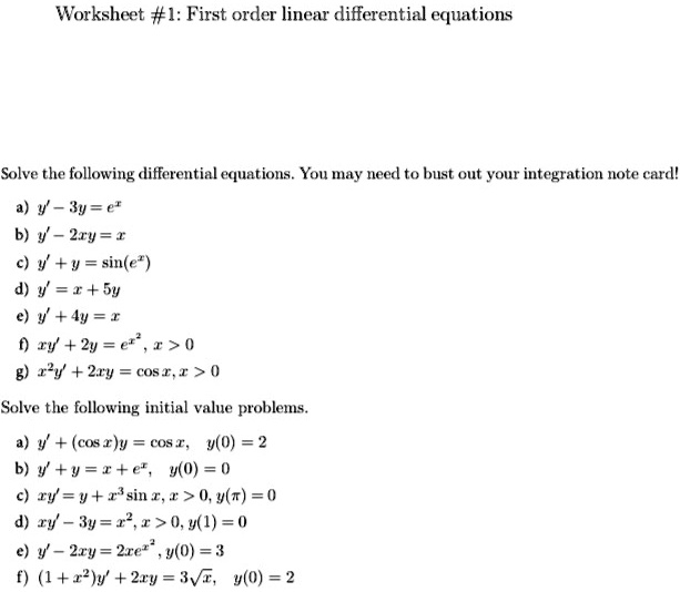 Solved Worksheet 1 First Order Linear Differential Equations Solve