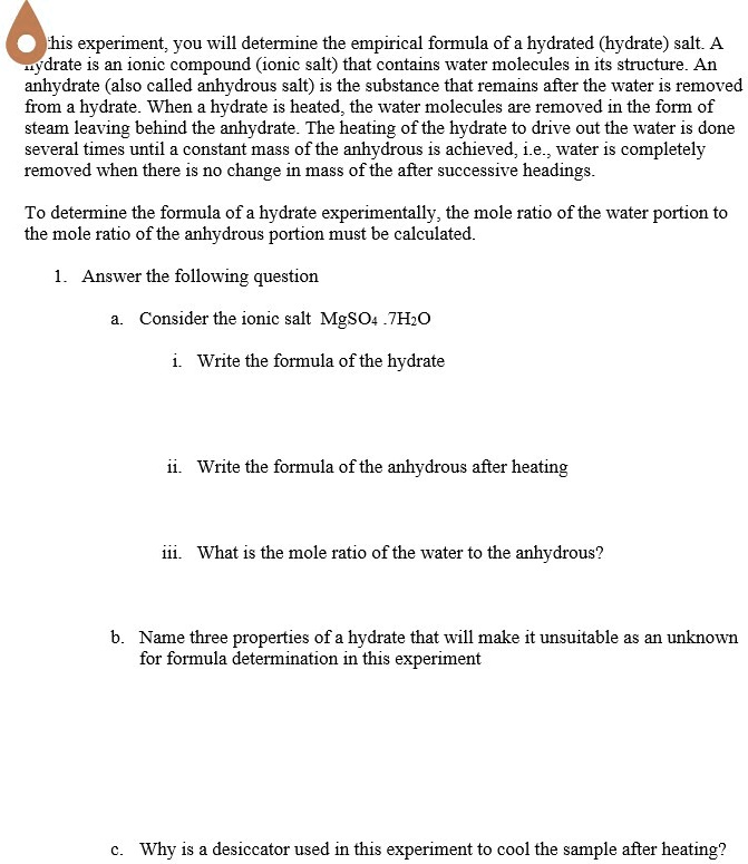 experiment 6 formula of a hydrate