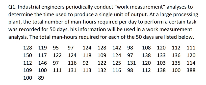 Q1. Industrial engineers periodically conduct “work measurement” analyses to determine the time used to produce a single unit of output. At a large processing plant, the total number of man-hours required per day to perform a certain task was recorded for 50 days. his information will be used in a work measurement analysis. The total man-hours required for each of the 50 days are listed below.
128 119 95 97 124 128 142 98 108 120 112 111
150 117 122 124 118 109 124 97 138 133 136 120
112 146 97 116 92 122 125 131 120 103 135 114
109 100 111 131 113 132 116 98 112 138 100 388
100 89