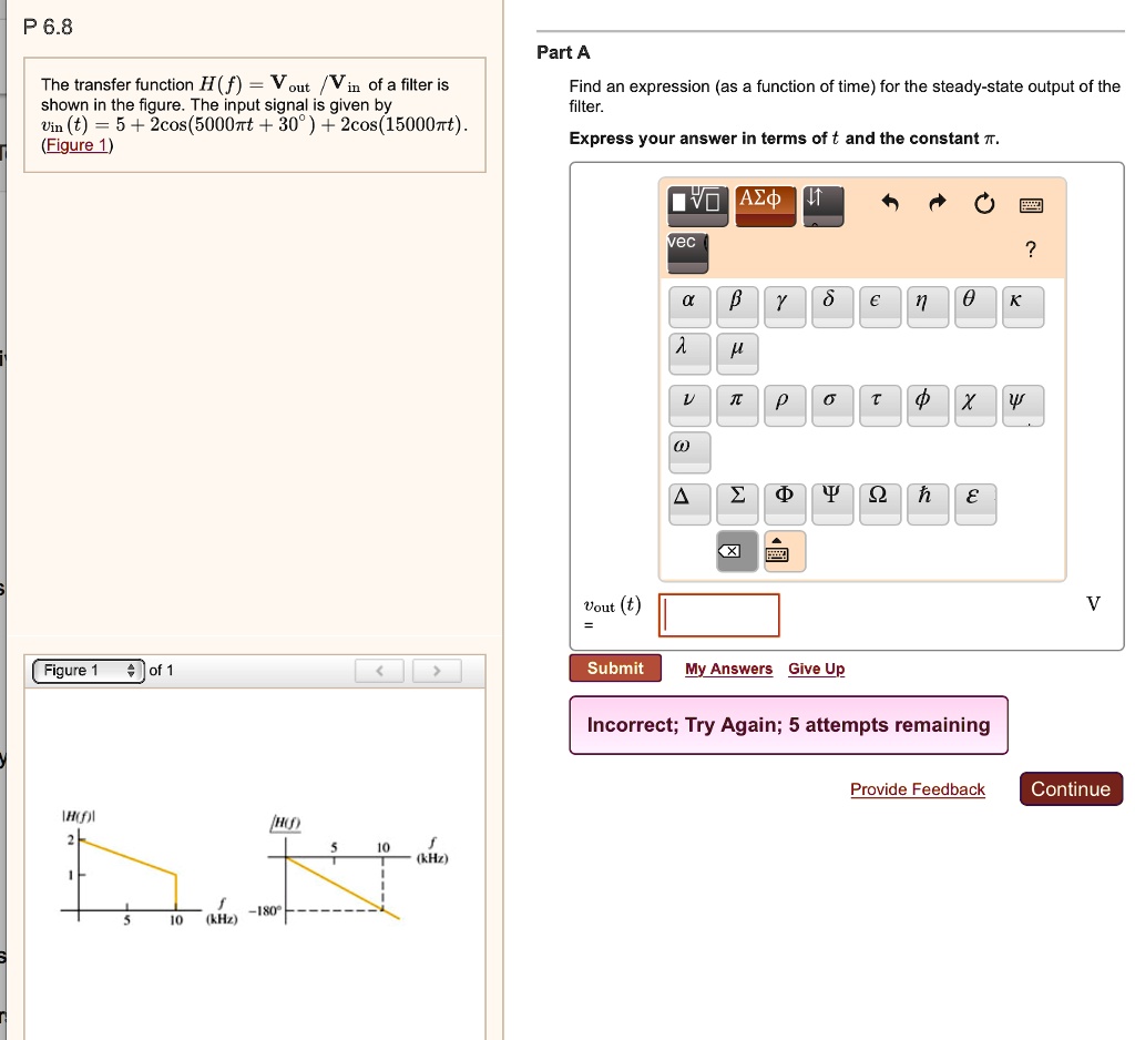 P 6.8 The transfer function H(f) = (Vout)/(Vin) of a filter is shown in ...