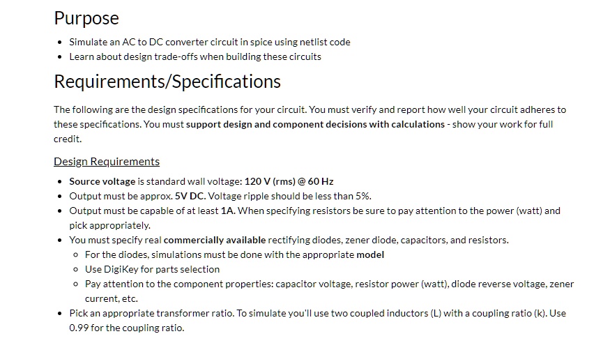 SOLVED: Text: Purpose: Simulate an AC to DC converter circuit in Spice ...