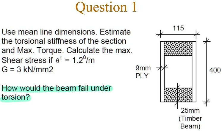 question 1 use mean line dimensions estimate the torsional stiffness of the section and max torque calculate the max shear stress if theta1 120m g 3 knmm2 how would the beam fail under torsi 78963