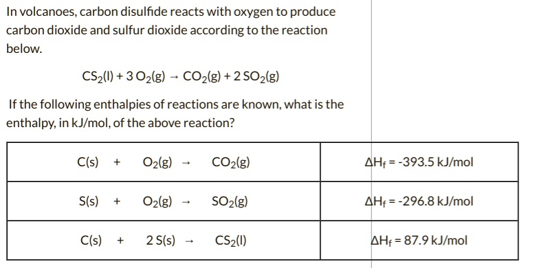 SOLVED: In volcanoes, carbon disulfide reacts with oxygen to produce ...