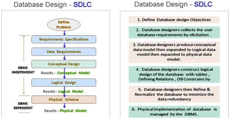 Database Design - SDLC
DBMS
INDEPENDENT
Define
Problem
Requirements Specifications
Data Requirements
Conceptual Design
Results - Conceptual Model
Logical Design
Results - Logical Model
Physical Schema
DBMS
DEPENDENT
Results - Physical Model
Database Design - SDLC
1. Define Database design Objectives
2. Database designers collects the user
database requirements by elicitation.
3. Database designers produce conceptual
data model then expanded to Logical data
model then expanded to physical data
model.
4. Database designers construct logical
design of the database with tables,
Defining Relations, DB Constrains by
5. Database designers then Refine    
Normalize the database to minimize the
data redundancy
6. Physical implementation of database is
managed by the DBMS.