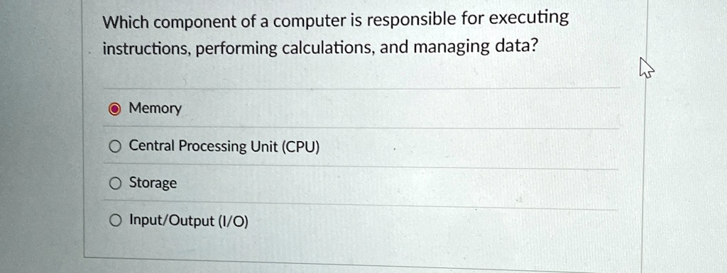 which component of a computer is responsible for executing instructions performing calculations and managing data memory central processing unit cpu storage inputoutput io 04772