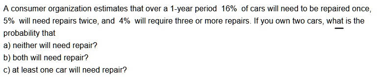 A consumer organization estimates that over a 1-year period 16% of cars will need to be repaired once,
5% will need repairs twice, and 4% will require three or more repairs. If you own two cars, what is the
probability that
a) neither will need repair?
b) both will need repair?
c) at least one car will need repair?