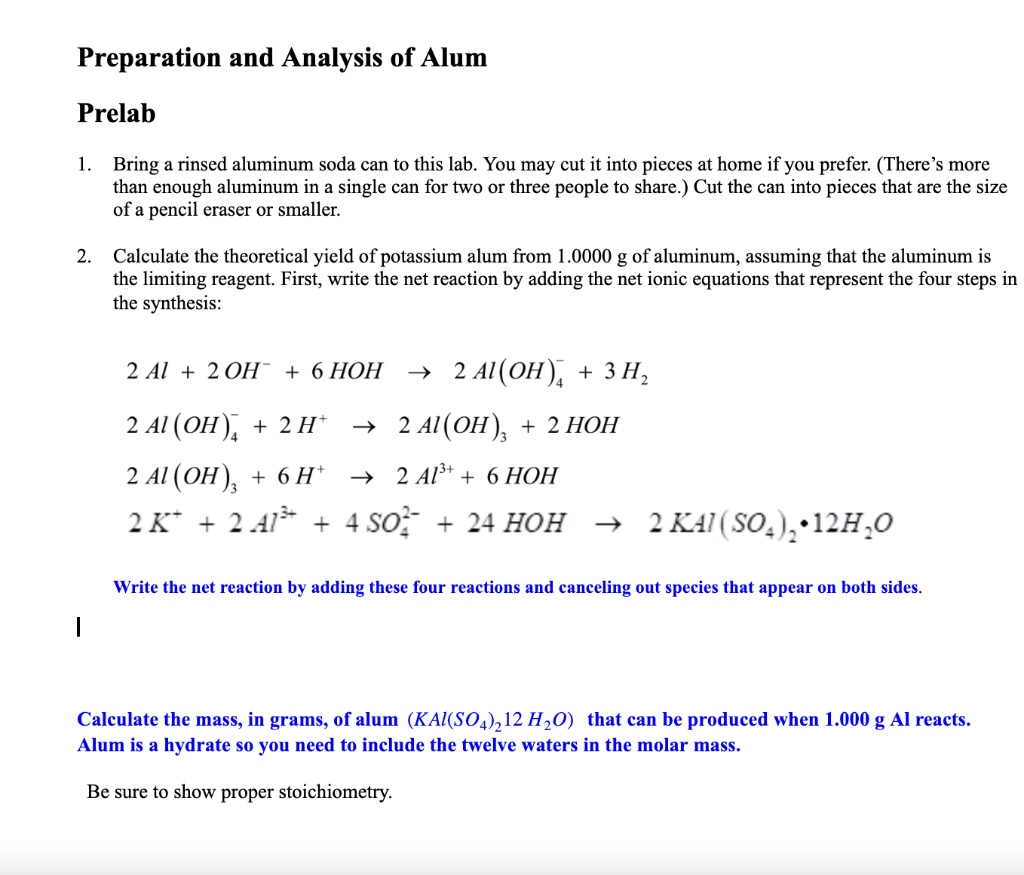 SOLVED Text Preparation and Analysis of Alum Prelab Bring a rinsed
