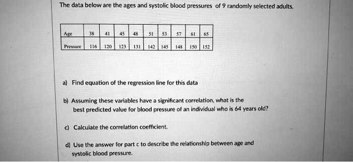 SOLVED: The data below are the ages and systolic blood pressures of 9 ...