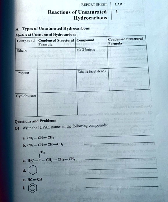 REPORT SHEET LAB Reactions of Unsaturated Hydrocarbons Types of