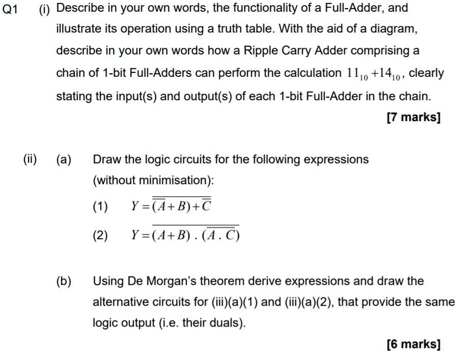 Q1 (i) Describe in your own words, the functionality of a Full-Adder ...
