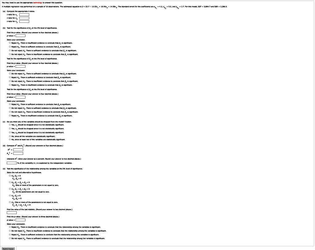 a compute the appropriate t ratios t ratio for x1 t ratio for x2 t ratio for x3 b test for the significance of beta 1 at the 5 level of significance find the p value round your answer to 07694