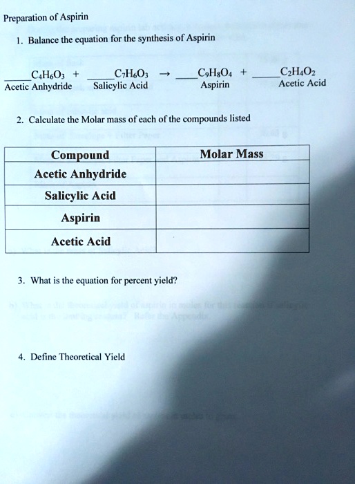 SOLVED Preparation of Aspirin Balance the equation for the synthesis