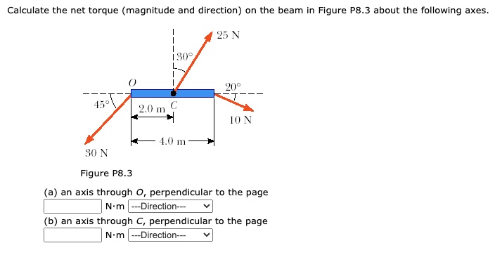 SOLVED: Calculate the net torque (magnitude and direction) on the beam ...