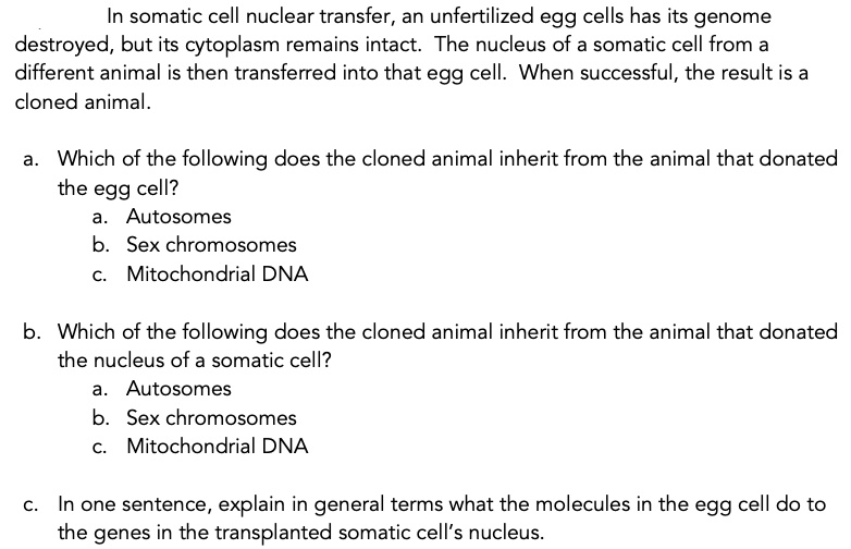 SOLVED In somatic cell nuclear transfer, an unfertilized egg cells has