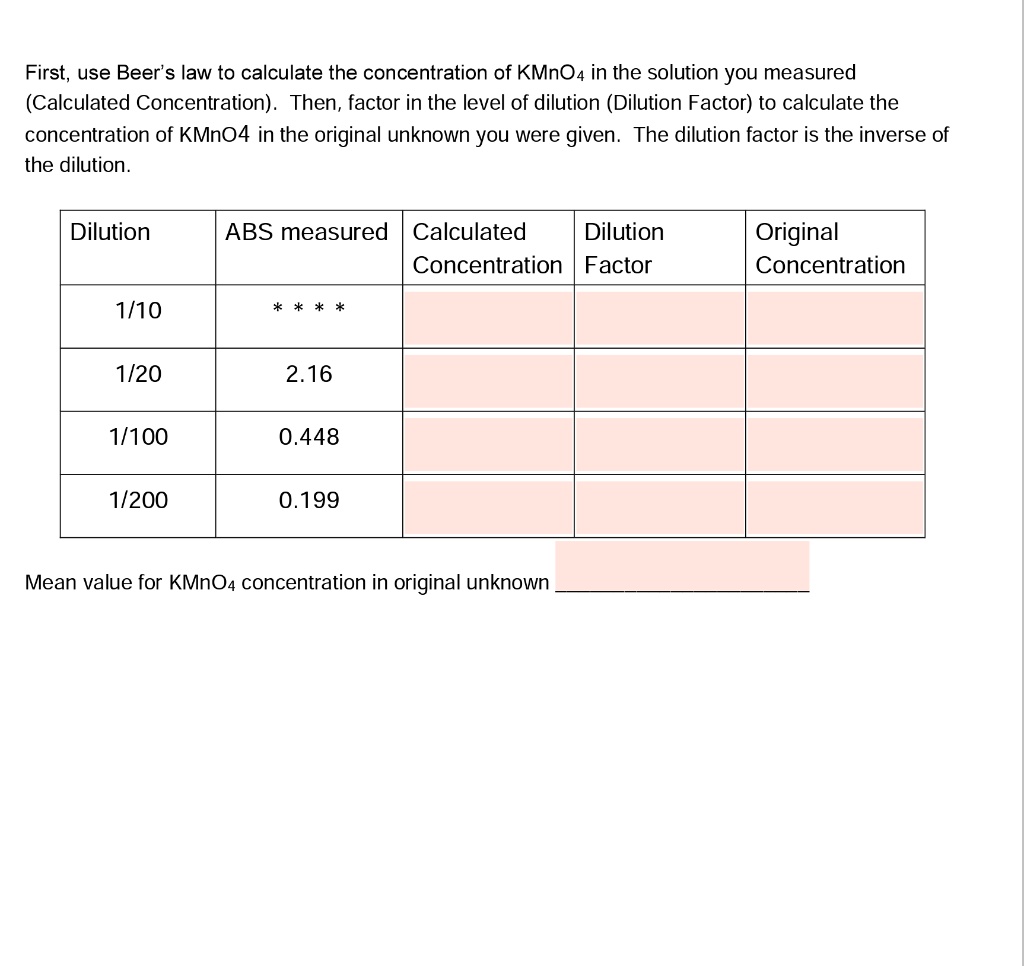 SOLVED First; use Beer's law to calculate the concentration of KMnO4