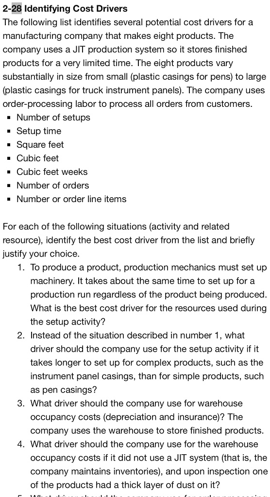 SOLVED 228 Identifying Cost Drivers The following list identifies