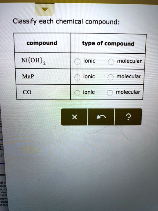 Solved Classify Each Chemical Compound Compound Type Of Compound Nioh 2 Ionic Molecular Mnp 0209