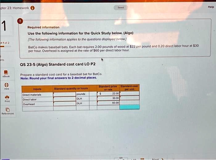 Chapter 23 Homework Saved Help 1 Required information Use the