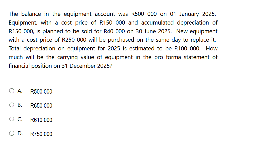 The balance in the equipment account was R500 000 on 01 January 2025 ...