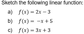 SOLVED: Sketch the following linear function= f(x) = 2x - 3 b) f(x ...