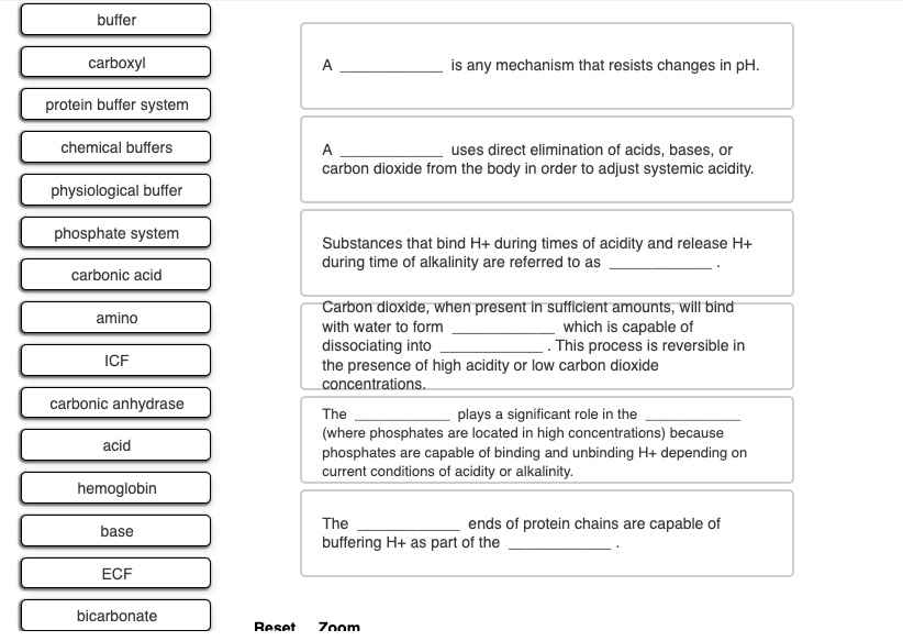 SOLVED: Buffer Carboxyl . Is any mechanism that resists changes in pH ...