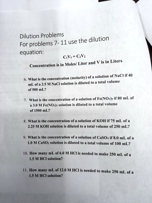 Solved Dilution Problems For Problems 7 11 Use The Equation C1v1