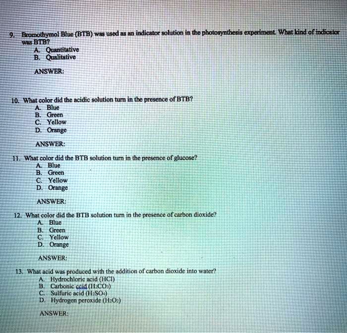 Solved Bromothymol Blue Btb Was Used As An Indicator Solution In The