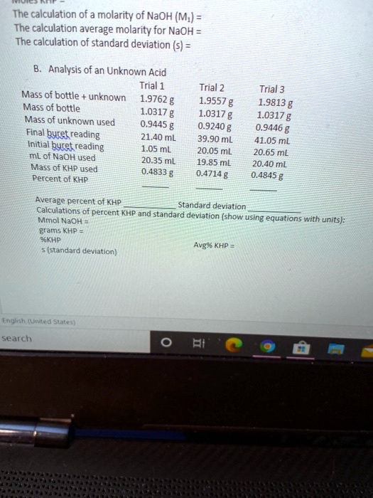 Solved The Calculation Of A Molarity Of Naoh M The Calculation