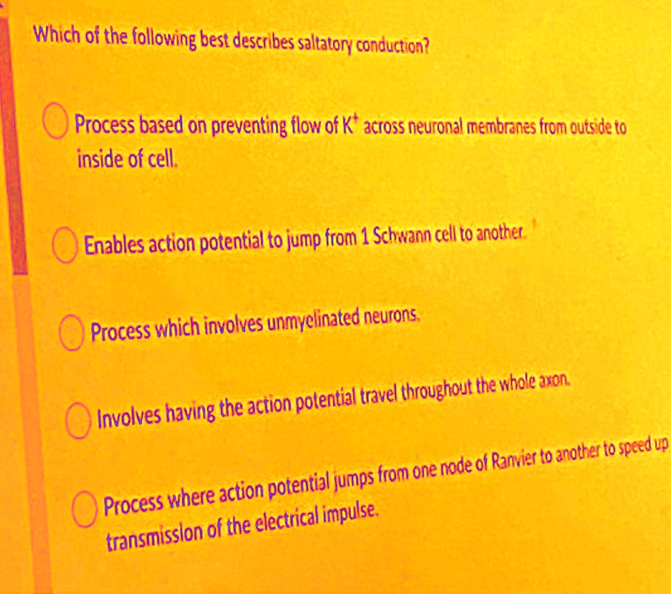 Which of the following best describes saltatory conduction?
Process based on preventing flow of K? across neuronal membranes from outside to
inside of cell.
Enables action potential to jump from 1 Schwann cell to another.
Process which involves unmyelinated neurons.
Involves having the action potential travel throughout the whole axon.
Process where action potential jumps from one node of Ranvier to another to speed up
transmission of the electrical impulse.
