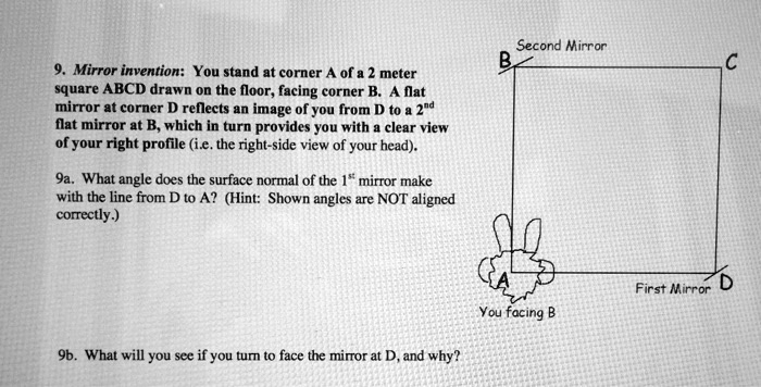 9. Mirror invention: You stand at corner A of a 2 meter
square ABCD drawn on the floor, facing corner B. A flat
mirror at corner D reflects an image of you from D to a 2nd
flat mirror at B, which in turn provides you with a clear view
of your right profile (i.e. the right-side view of your head).
9a. What angle does the surface normal of the 1^st mirror make
with the line from D to A? (Hint: Shown angles are NOT aligned
correctly.)
9b. What will you see if you turn to face the mirror at D, and why?