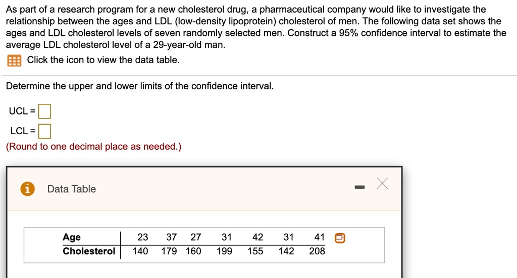 As part of a research program for a new cholesterol drug, a pharmaceutical company would like to investigate the relationship between the ages and LDL (low-density lipoprotein) cholesterol of men. The following data set shows the ages and LDL cholesterol levels of seven randomly selected men. Construct a 95% confidence interval to estimate the average LDL cholesterol level of a 29-year-old man.
Click the icon to view the data table.
Determine the upper and lower limits of the confidence interval.
UCL =
LCL =
(Round to one decimal place as needed.)
Data Table
Age 23 37 27 31 42 31 41
Cholesterol 140 179 160 199 155 142 208