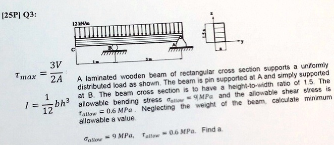 [25P] Q3: 12 kN/m τmax = (3V)/(2A) I = (1)/(12)bh^3 A laminated wooden ...