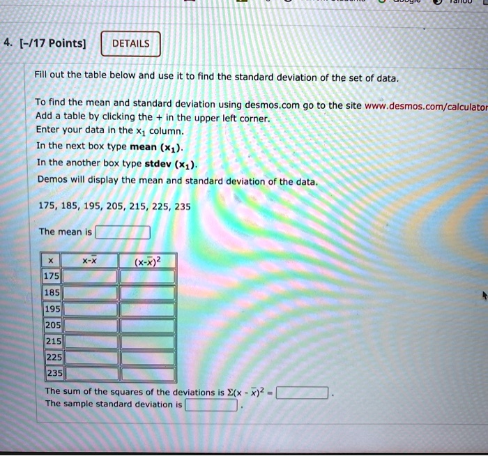 SOLVED Fill out the table below and use it to find the standard