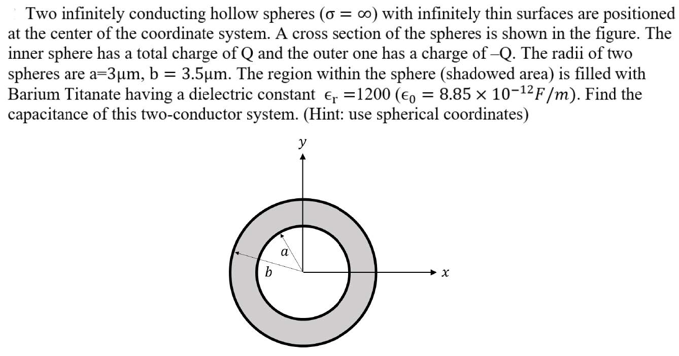 SOLVED Two infinitely conducting hollow spheres (σ=∞) with infinitely