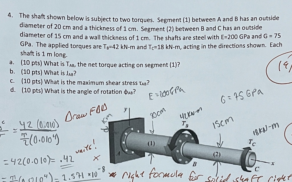4. The shaft shown below is subject to two torques. Segment (1) between ...
