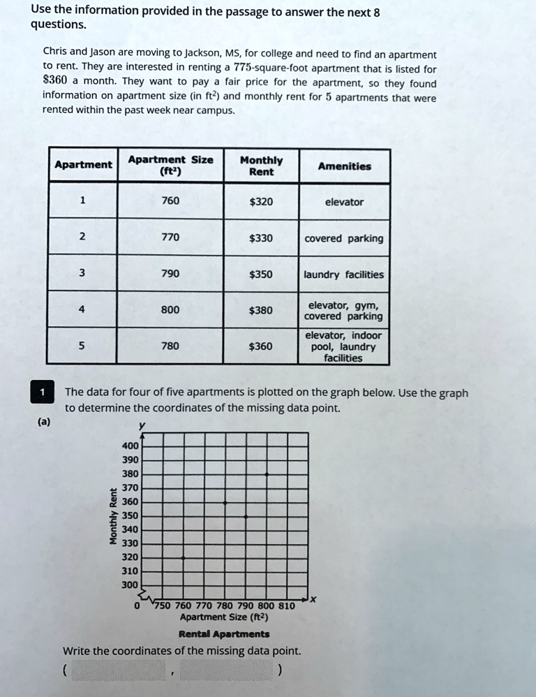 Use the information provided in the passage to answer the next 8
questions.
Chris and Jason are moving to Jackson, MS, for college and need to find an apartment
to rent. They are interested in renting a 775-square-foot apartment that is listed for
360 a month. They want to pay a fair price for the apartment, so they found
information on apartment size (in ft²) and monthly rent for 5 apartments that were
rented within the past week near campus.
Apartment
Apartment Size Monthly
(ft²)
Rent
Amenities
1
760320
elevator
2
770
330
covered parking
3
790350
laundry facilities
4
800
380
elevator, gym,
covered parking
elevator, indoor
5
780360
pool, laundry
facilities
1
The data for four of five apartments is plotted on the graph below. Use the graph
to determine the coordinates of the missing data point.
(a)
y
400
390
380
Monthly Rent
370
360
350
340
330
320
310
300
0
750 760 770 780 790 800 810
Apartment Size (ft²)
Rental Apartments
Write the coordinates of the missing data point.
(
)
X