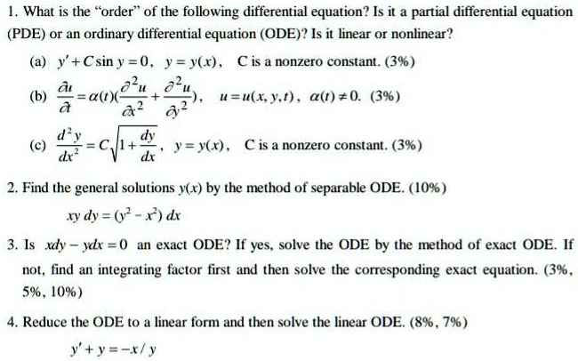 Solved What Is The Order Of The Following Differential Equation Is It Partial Differential Equation Pde Or An Ordinary Differential Equation Ode Is It Linear Or Nonlinear Y C Sin Y 0 J