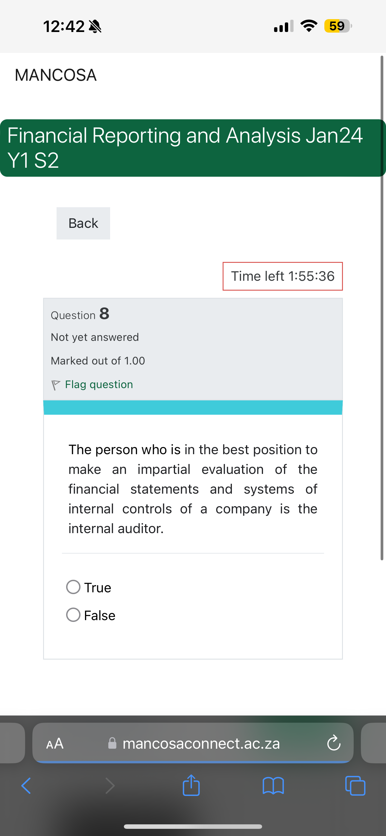MANCOSA
Financial Reporting and Analysis Jan24 Y1 S2
Question 8
The person who is in the best position to make an impartial evaluation of the financial statements and systems of internal controls of a company is the internal auditor.
True
False