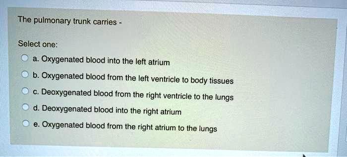 SOLVED The Pulmonary Trunk Carries Select One Oxygenated Blood Into 