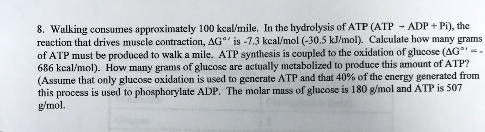 SOLVED: Walking consumes approximately 100 kcal/mile. In the hydrolysis ...