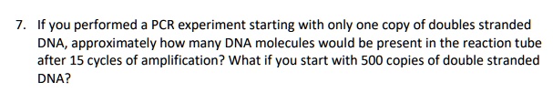 7. If you performed a PCR experiment starting with only one copy of doubles stranded DNA, approximately how many DNA molecules would be present in the reaction tube after 15 cycles of amplification? What if you start with 500 copies of double stranded DNA?