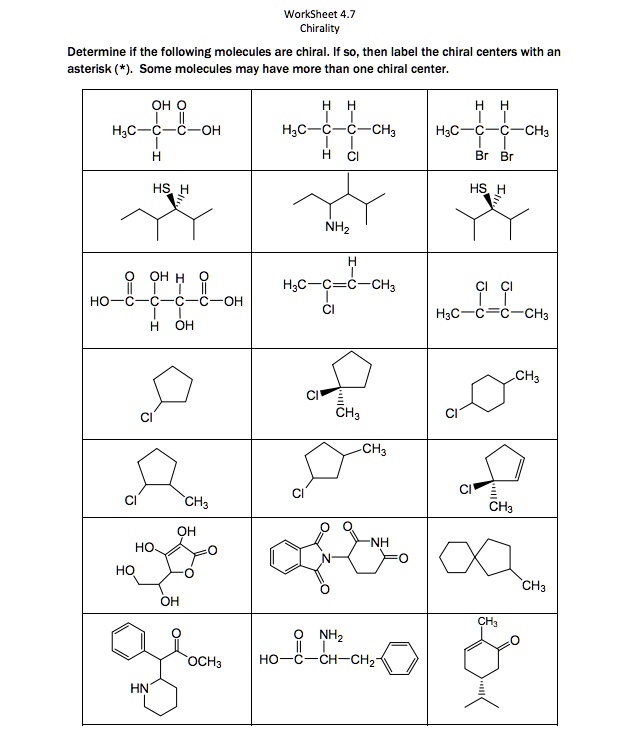 SOLVED: Worksheet Chirality Determine whether the following molecules ...