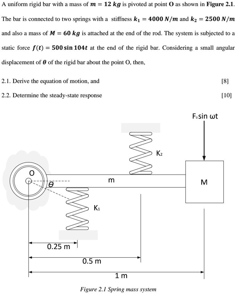 A uniform rigid bar with a mass of m = 12 kg is pivoted at point O as ...